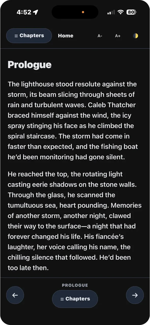 InstallableBook reader showing chapter navigation and large readable text